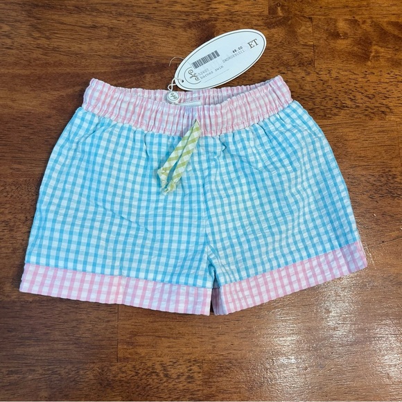 NWT lullaby set pink blue seersucker swim trunks boys size 2T 100% cotton - Picture 1 of 6